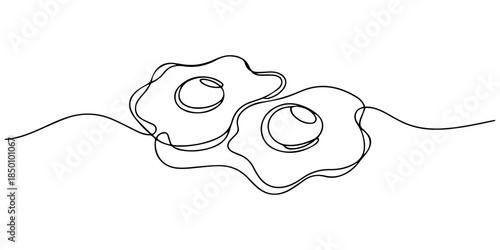 Fried Egg in One Continuous Line. Minimalist Breakfast Food Line Art Illustration, Fried egg continuous one line drawing illustration. Hand drawn linear silhouette icon. Minimal design element.