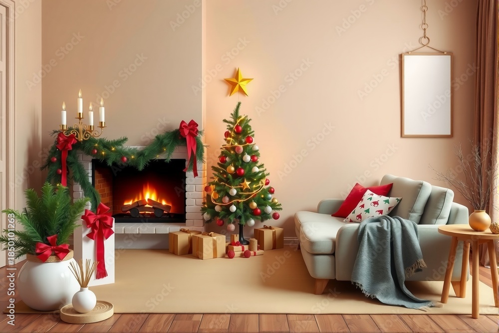Obraz premium Minimalist Christmas Home Background with Fireplace and Tree