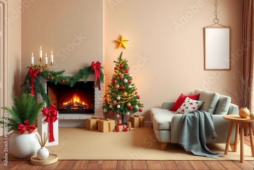 Minimalist Christmas Home Background with Fireplace and Tree