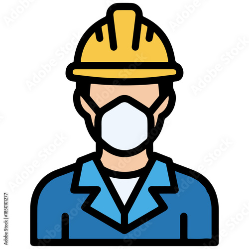 Construction Worker with Face Mask Flat Vector for Site Health Safety, industrial health and safety manuals, PPE compliance signage.
