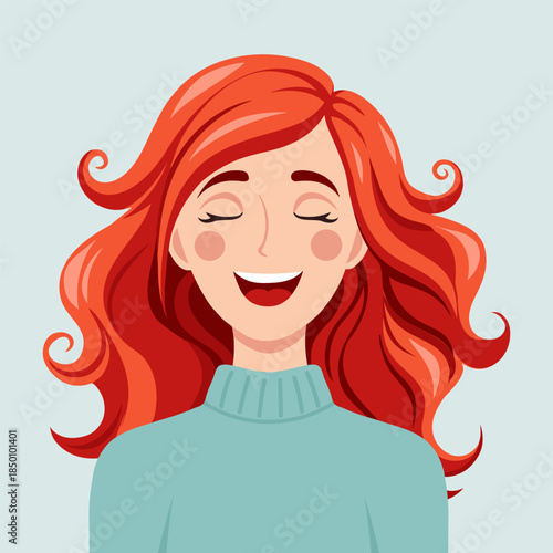 Portrait of a smiling red-haired woman with closed eyes. Illustration.