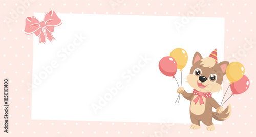 Charming dog with balloons on a pink festive frame with bow. Holiday illustration. Birthday card.
