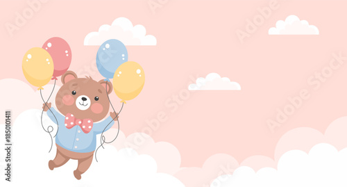 Adorable teddy bear floating among clouds with balloons. Holiday illustration. Birthday card.