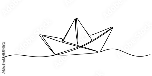 Paper boat one line drawing minimalist origami ship outline vector illustration on white background, One continuous line drawing of paper boat. Origami ship concept success leadership of business