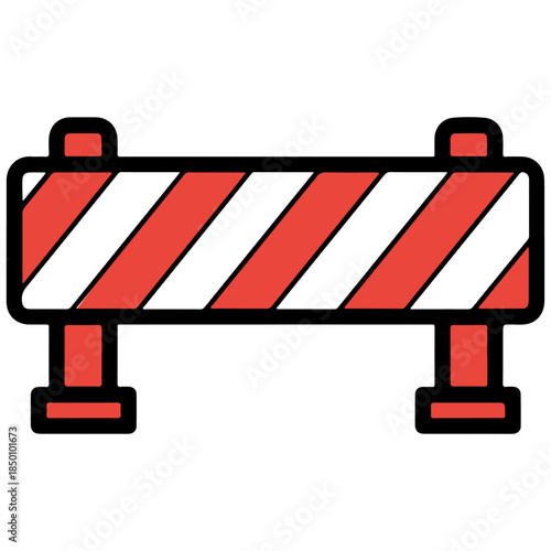 Construction Road Barrier Flat Vector for Safety Warning Signage. industrial site management, roadwork notification layouts, and workplace safety manuals.