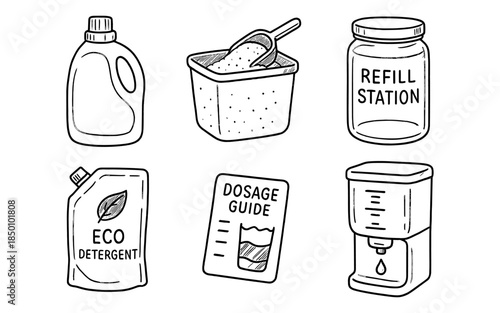 Eco-friendly cleaning products concept with refill station and dosage guide