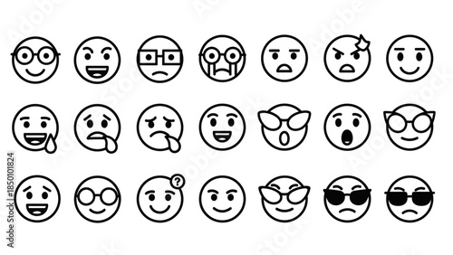 A grid of 24 blackandwhite outline emoji faces displaying various expressions