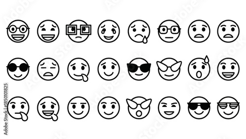 Three rows of black and white outline emoji icons displaying various facial expressions and accessories