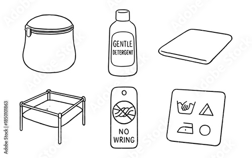 Laundry icons: minimalist line art for detergent, washing symbols, and care labels