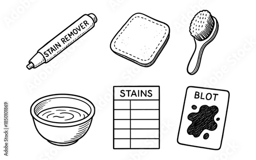 Hand drawn cleaning tools and stain removal icons in black and white