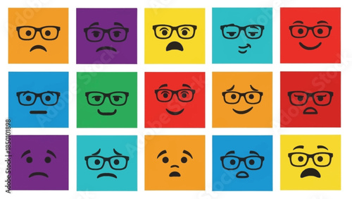Grid of 15 square emojis expressing various emotions all wearing glasses