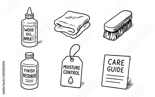 Hand drawn furniture care essentials: oil, cloth, brush, restorer, control, guide