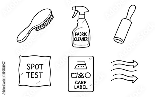 Hand drawn cleaning tools and apparel care icons set