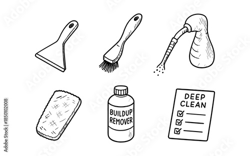 Hand-drawn cleaning tools collection with spray bottle and checklist symbols