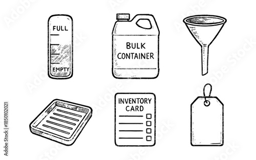 Rustic icons of gasoline equipment with grunge texture for inventory management