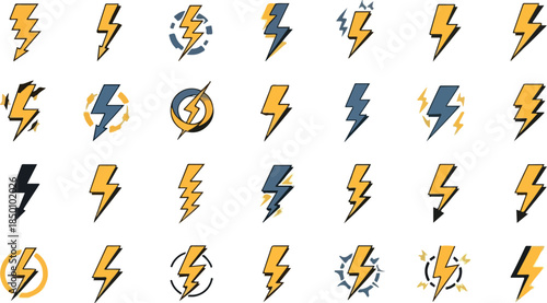 A grid of 28 stylized lightning bolt icons in yellow blue and black outlines
