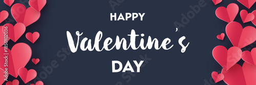 Happy Valentine’s Day greeting card with flying paper cut hearts. Banner. Vector illustration