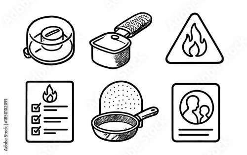 Hand drawn cooking and fire safety icons in black and white