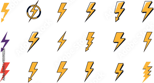 Three rows of stylized lightning bolt icons in various designs and colors