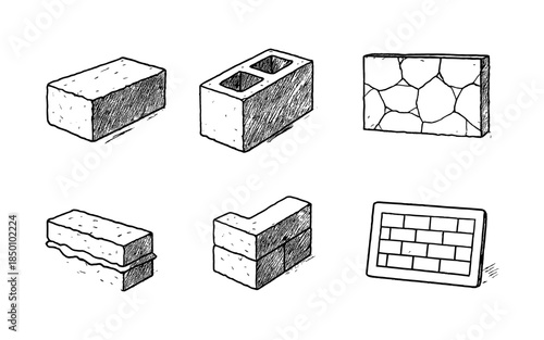 Hand drawn brick and stone masonry blocks collection for construction projects