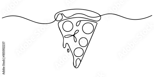Continuous line drawing of a pizza with pepperoni slices on each piece, Pizza continuous one line vector slice icon cheese food hand. Continuous one line pizza drawn background sketch illustration set