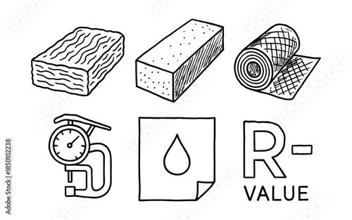 Hand drawn insulation materials and tools: r-value, moisture, and durability symbols