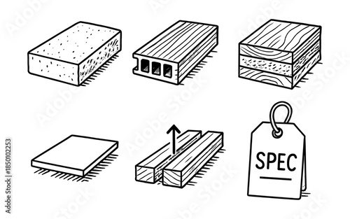 Construction material types in hand drawn style for building projects