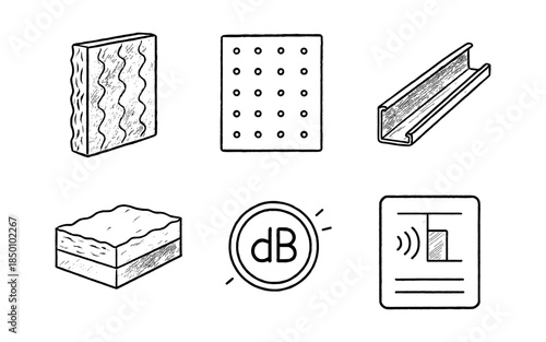 Hand drawn acoustic elements and insulation materials for soundproofing