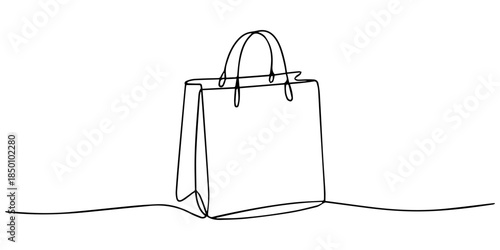 A single, continuous line drawing portrays a simple shopping bag, elegantly rendered, Shopping bag continuous one line drawing, Continuous one line drawing of a shopping bag in minimalist linear style