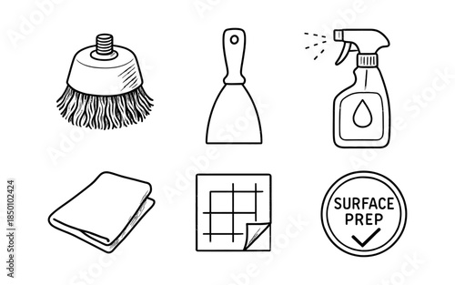 Hand drawn cleaning tools set with brush, scraper, and spray bottle