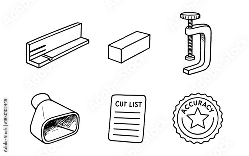 Hand-drawn tools and icons set with construction symbols and accuracy badge