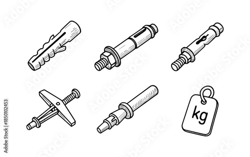 Hand drawn wall plug and anchor set with weight tag