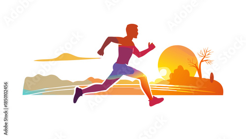 Dynamic silhouette of a person jogging at sunrise, energetic motion, active lifestyle and cardiovascular wellness concept.
