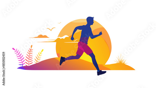 Dynamic silhouette of a person jogging at sunrise, energetic motion, active lifestyle and cardiovascular wellness concept.
