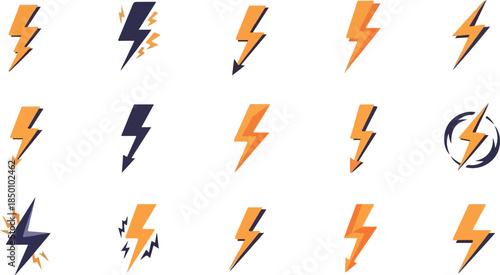 Grid of fifteen stylized lightning bolt icons in orange and dark blue colors