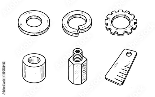 Hand drawn industrial gears and mechanical components set