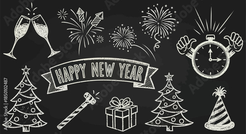 Chalkboard drawing collection celebrating new year with fireworks champagne trees and festive countdown clock
