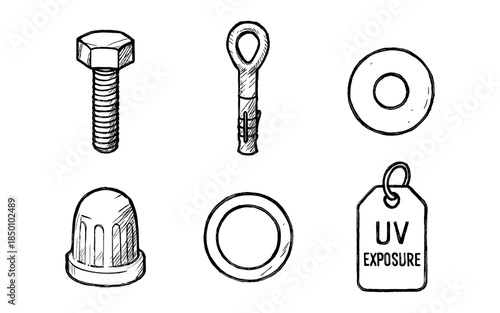 Hand drawn industrial fasteners and labels set for engineering design