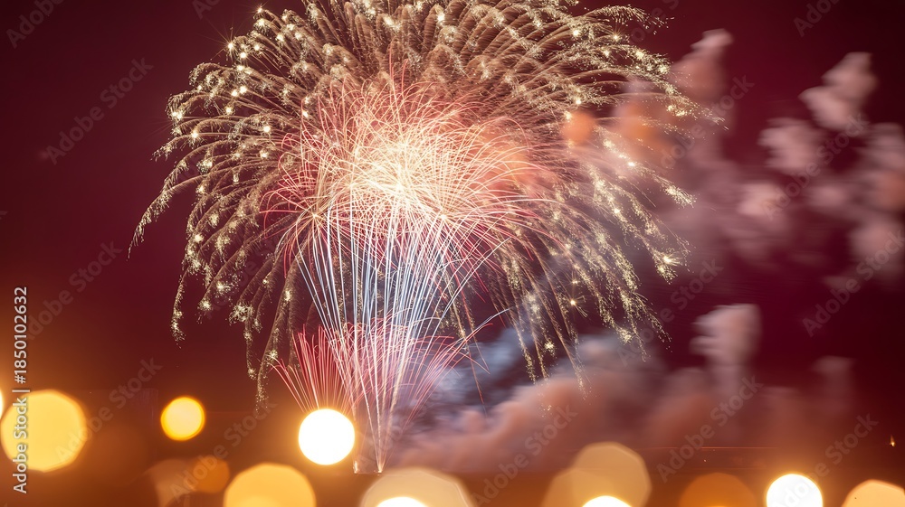 Fototapeta premium Colorful fireworks exploding in the night sky with blurred lights in the background