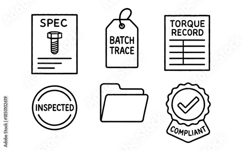 Industrial quality control icons featuring batch trace and compliance symbols