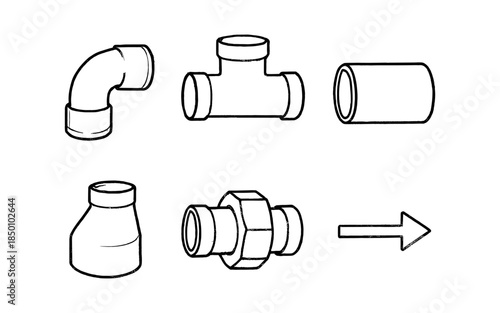 Hand drawn plumbing pipe fittings and connector diagram with arrow