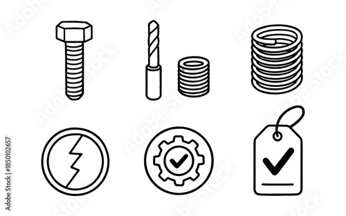 Outline icons of industrial tools and symbols for engineering and manufacturing