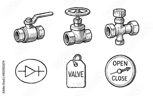 Hand drawn plumbing elements and valve icons for industrial design