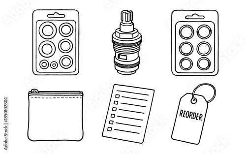 Hand drawn automotive parts and accessories with packaging and tags