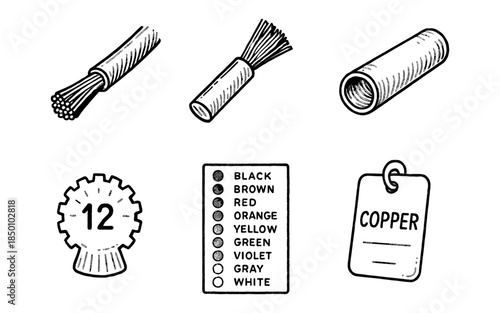 Hand drawn electrical wire elements with copper label and gauge indicator