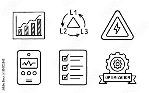 Hand drawn business and technology icons set for data management and optimization
