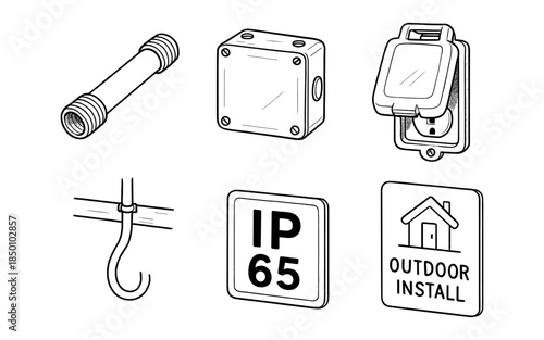 Hand-drawn electrical equipment set: ip65 box, conduit, hook, outdoor socket