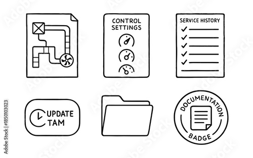 Hand drawn maintenance icons set: documents, control settings, service history