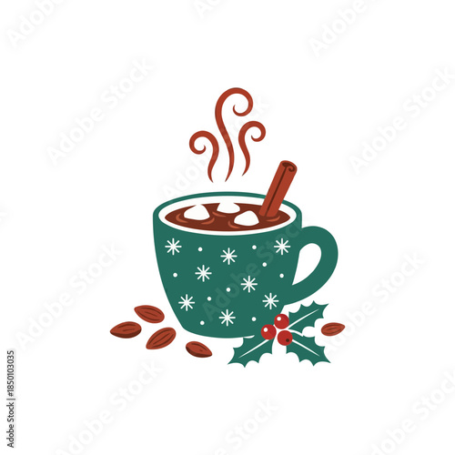 Cozy green mug of hot chocolate with marshmallows and cinnamon