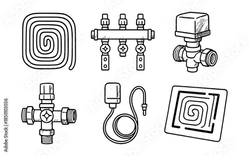 Hand drawn plumbing equipment set with pipes and valves for home heating solutions
